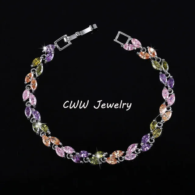 CWWZircons New Trendy 2017 Unique Zirconia Jewelry Silver Color Leaf Charm CZ Crystal Female Bracelets Bangles For Women CB060