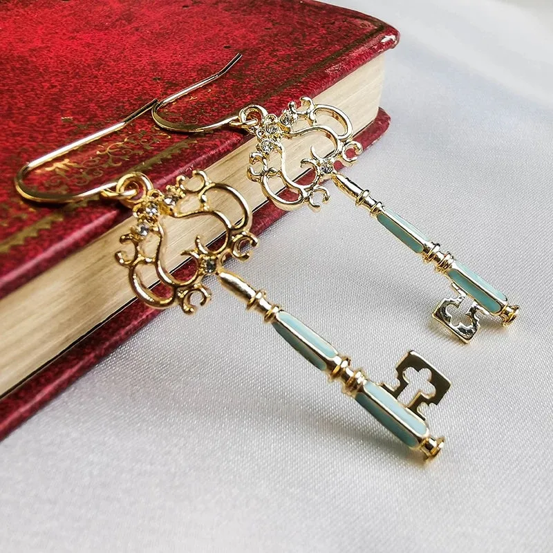 Delicate Crystal Enamel Hollowed Key Drop Earrings