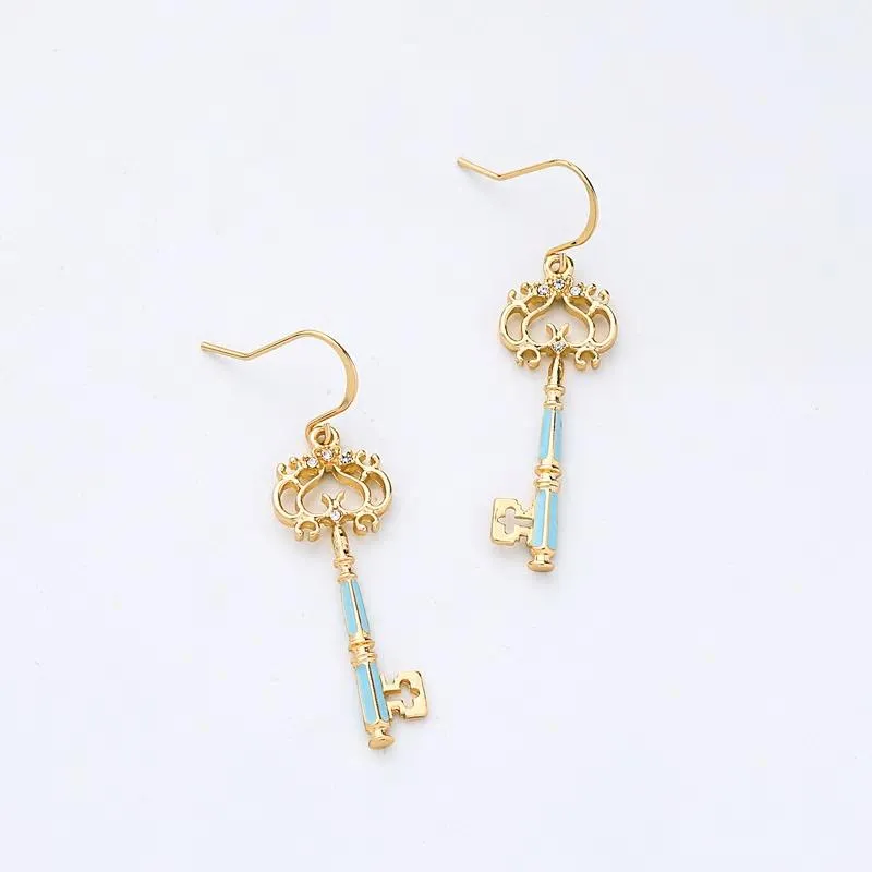 Delicate Crystal Enamel Hollowed Key Drop Earrings