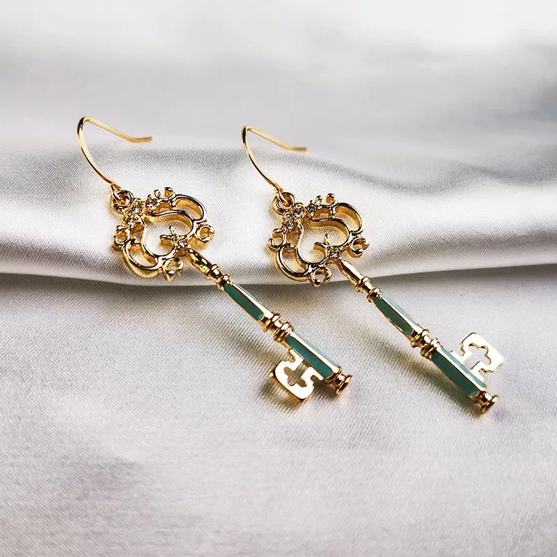 Delicate Crystal Enamel Hollowed Key Drop Earrings