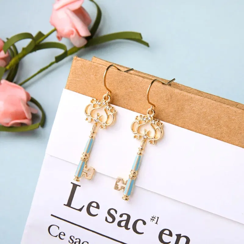 Delicate Crystal Enamel Hollowed Key Drop Earrings