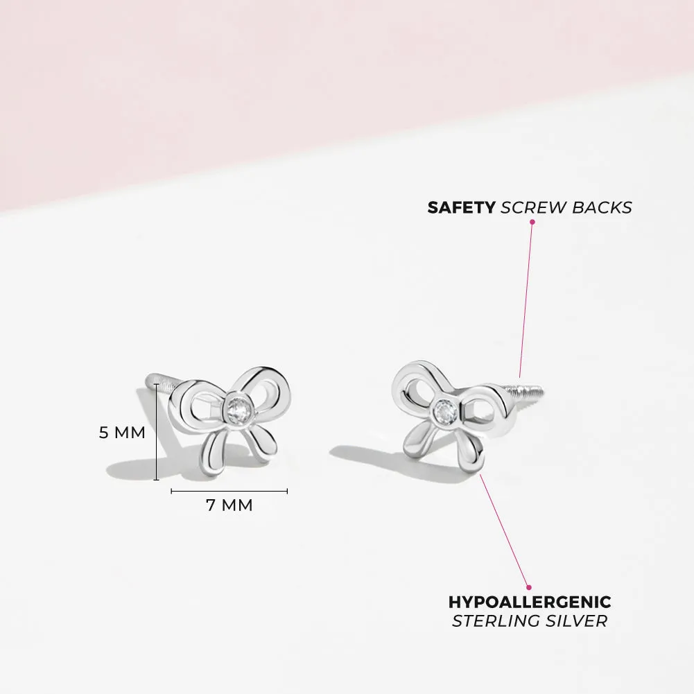 Delicate CZ Bow Baby / Toddler / Kids Earrings Screw Back - Sterling Silver