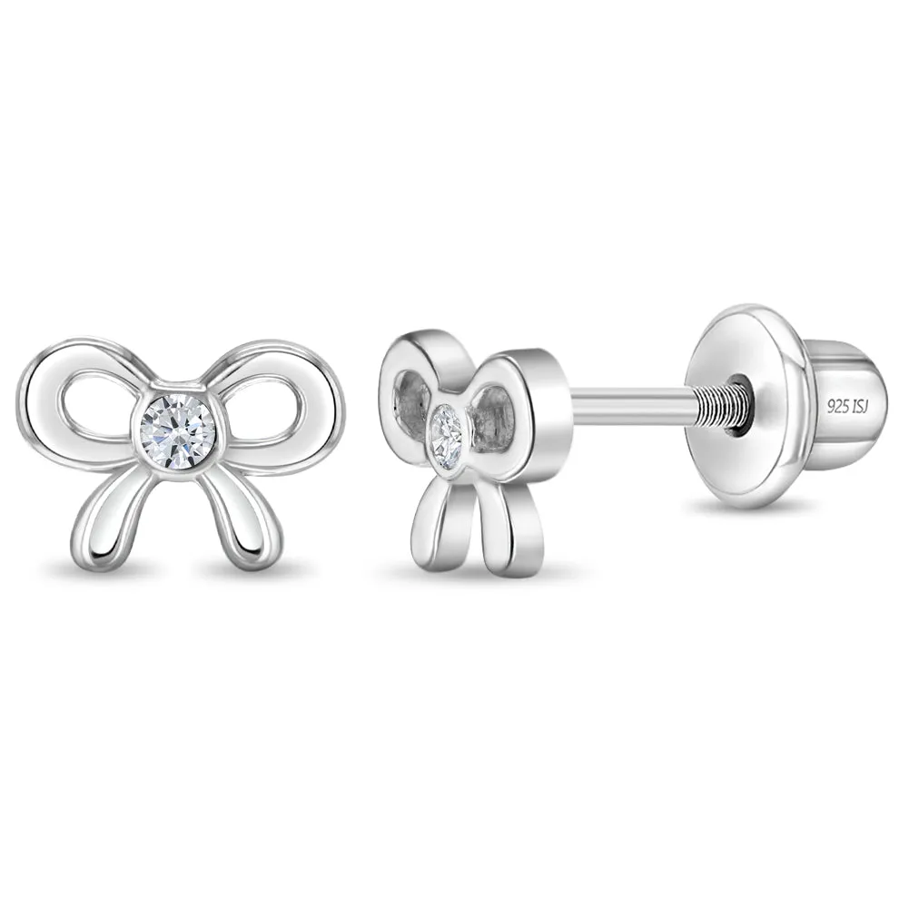 Delicate CZ Bow Baby / Toddler / Kids Earrings Screw Back - Sterling Silver