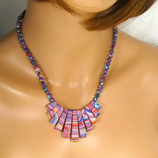 Design Pink & Purple Gemstone Impression Jasper Bib Necklace