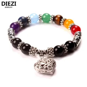 DIEZI New Men Women 7 Chakra Bracelets Bangles Colors Mixed Healing Crystals Stone Chakra Pray Mala Heart Charm Bracelet Jewelry