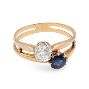 Edwardian Toe Et Moi Diamond Sapphire Yellow Gold Ring