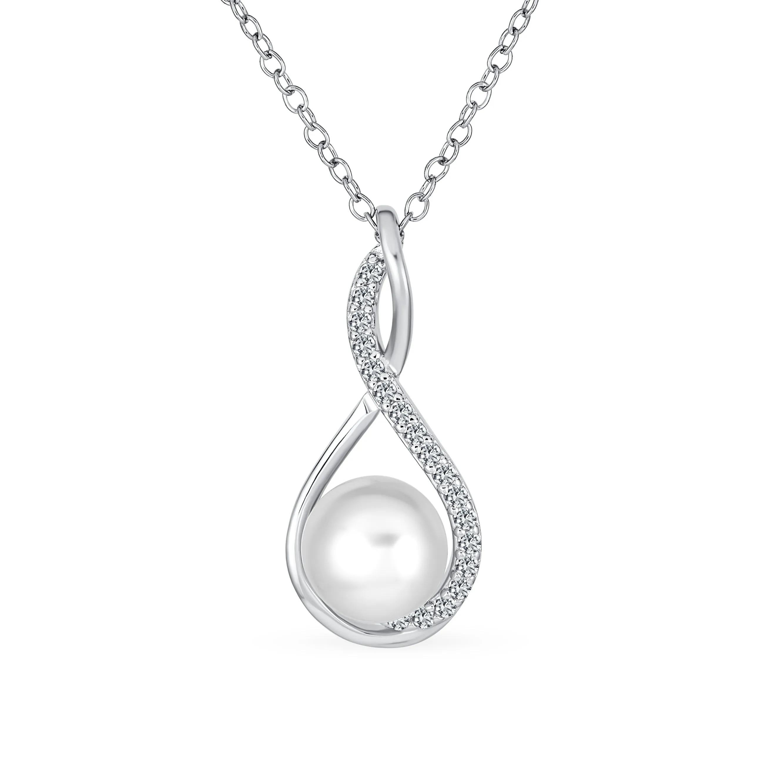 Elegant Bridal Necklace with Infinity Teardrop Freshwater Pearl Pendant 16-18 Inch