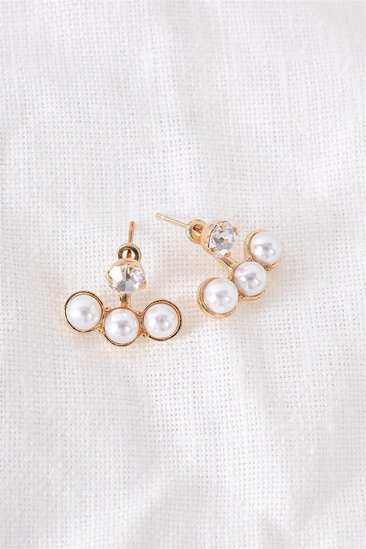 Front Back Gold Triple Pearl Faux Diamond Stud Earrings