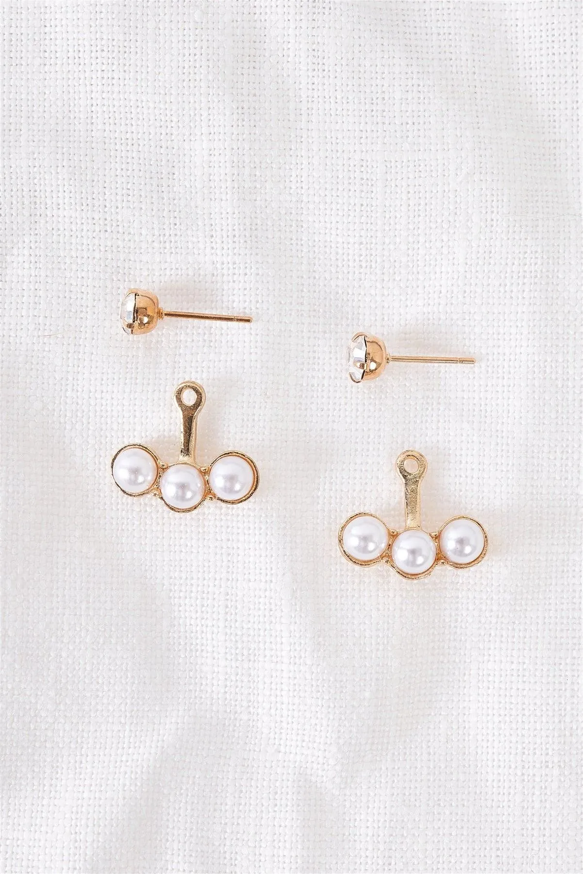 Front Back Gold Triple Pearl Faux Diamond Stud Earrings