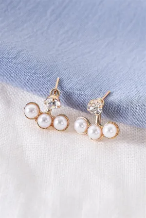 Front Back Gold Triple Pearl Faux Diamond Stud Earrings