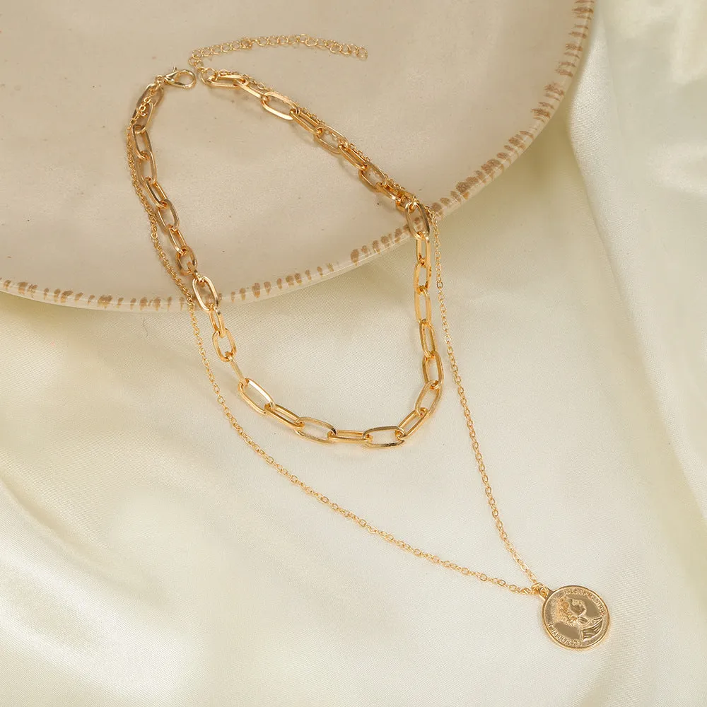 Gold Double-Layer Chain Geometric Medal Head Necklace