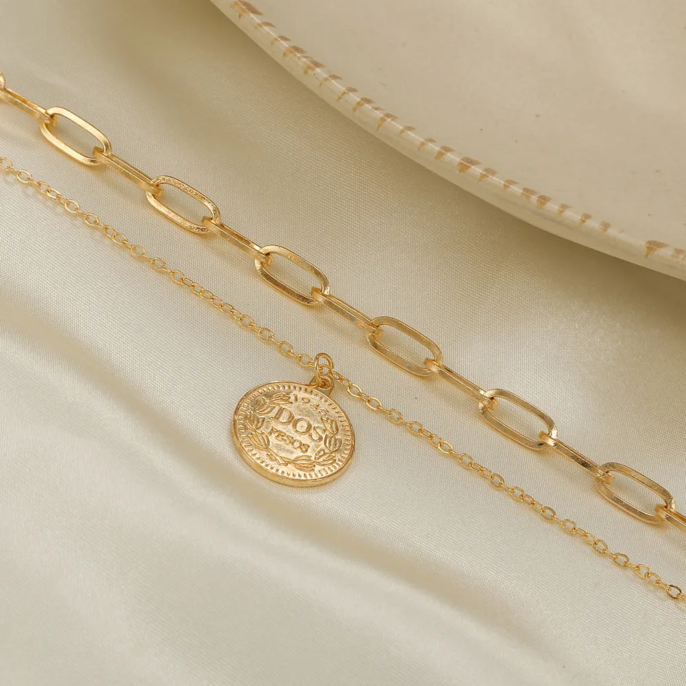 Gold Double-Layer Chain Geometric Medal Head Necklace