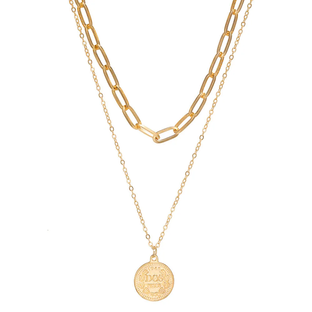 Gold Double-Layer Chain Geometric Medal Head Necklace