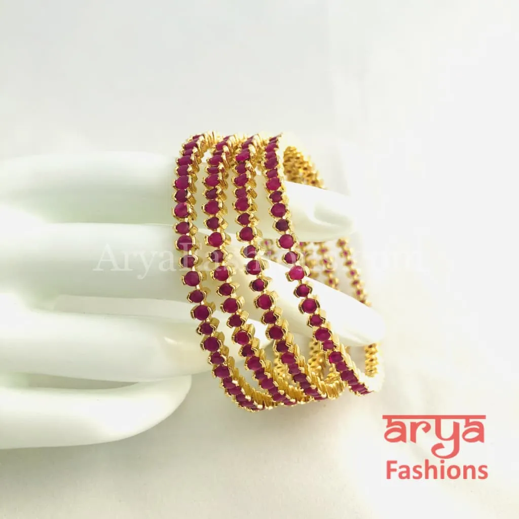 Golden Ruby Bangles / Pink CZ Trendy Bangles, Set of 4 Bangles