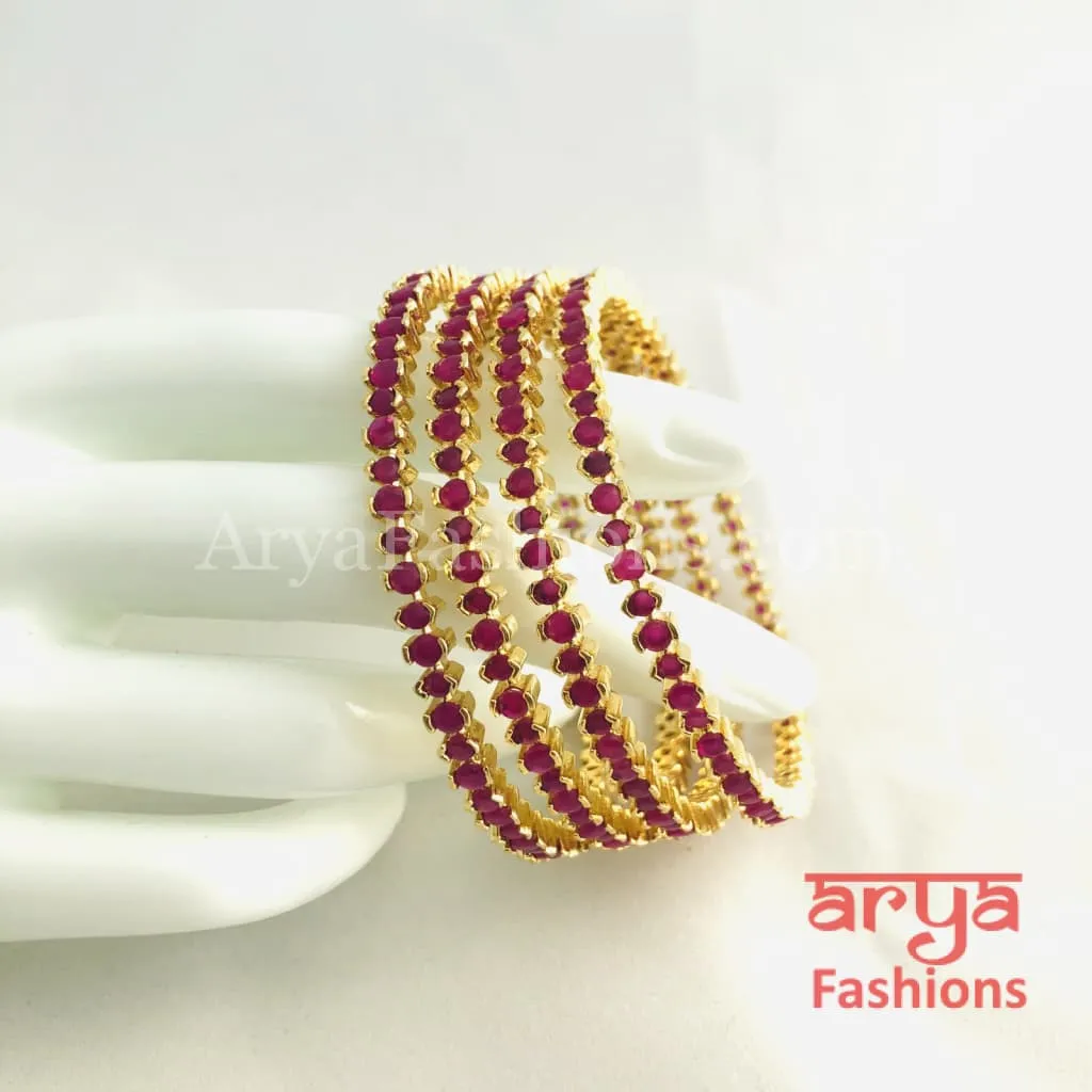 Golden Ruby Bangles / Pink CZ Trendy Bangles, Set of 4 Bangles