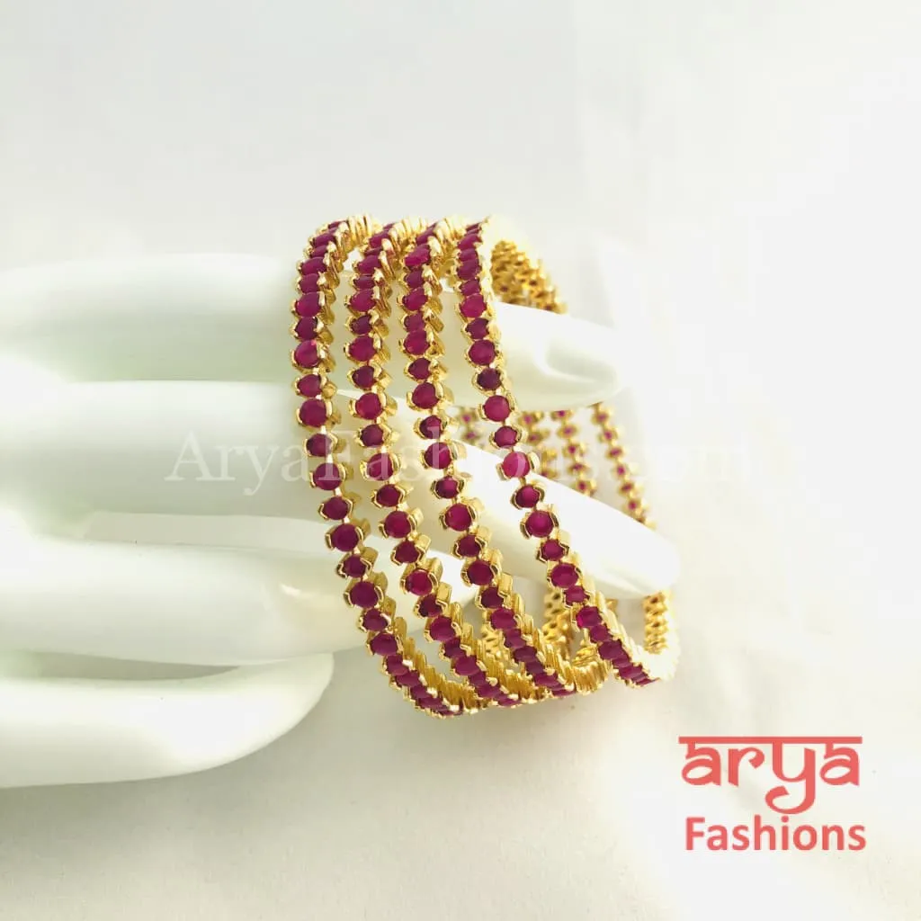 Golden Ruby Bangles / Pink CZ Trendy Bangles, Set of 4 Bangles