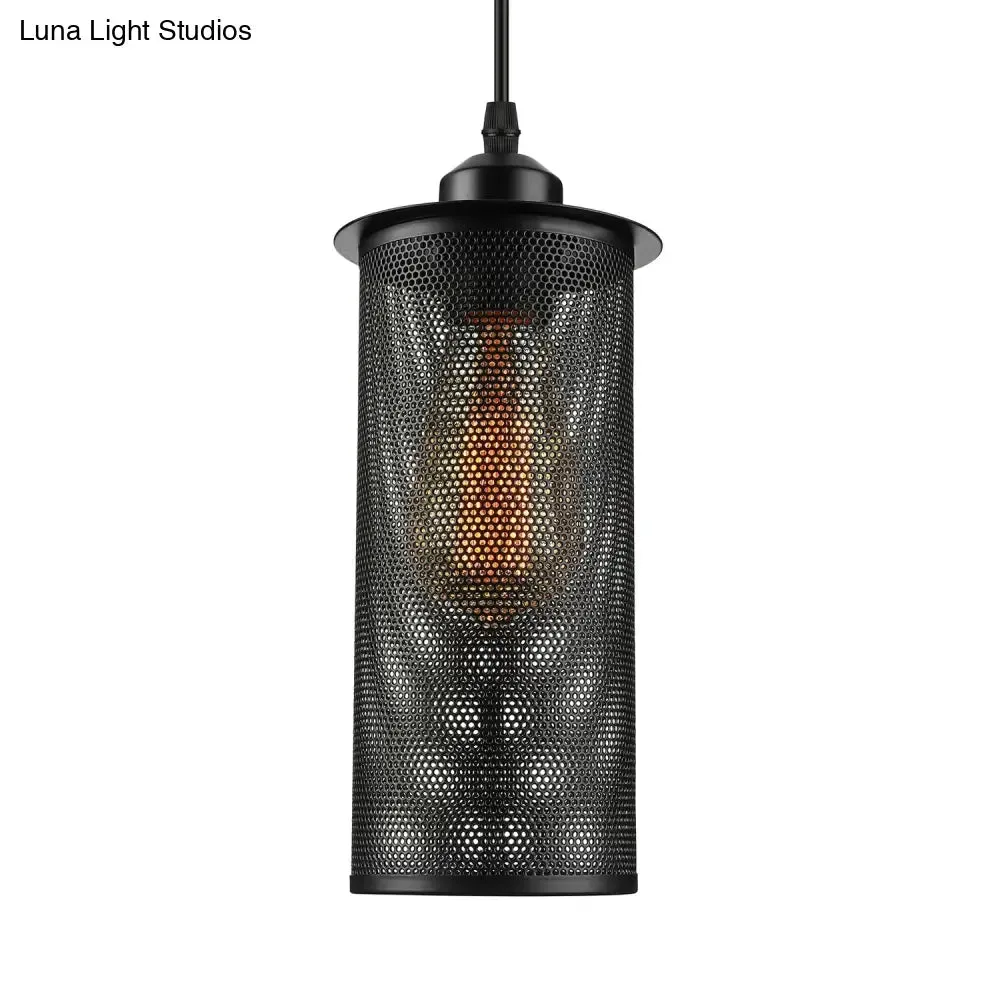 Industrial Black Metal Pendant Light with Mesh Screen - Living Room Hanging Lamp