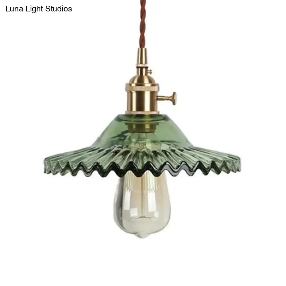 Industrial Brass Scalloped Pendant Light with Glass Shade - 1-Light Hanging Ceiling Fixture for Dining Room - Black/White/Green Design