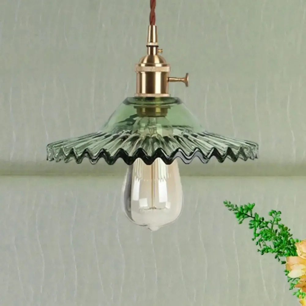 Industrial Brass Scalloped Pendant Light with Glass Shade - 1-Light Hanging Ceiling Fixture for Dining Room - Black/White/Green Design