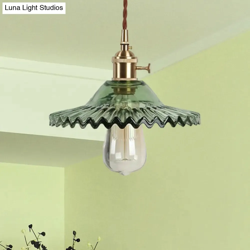 Industrial Brass Scalloped Pendant Light with Glass Shade - 1-Light Hanging Ceiling Fixture for Dining Room - Black/White/Green Design