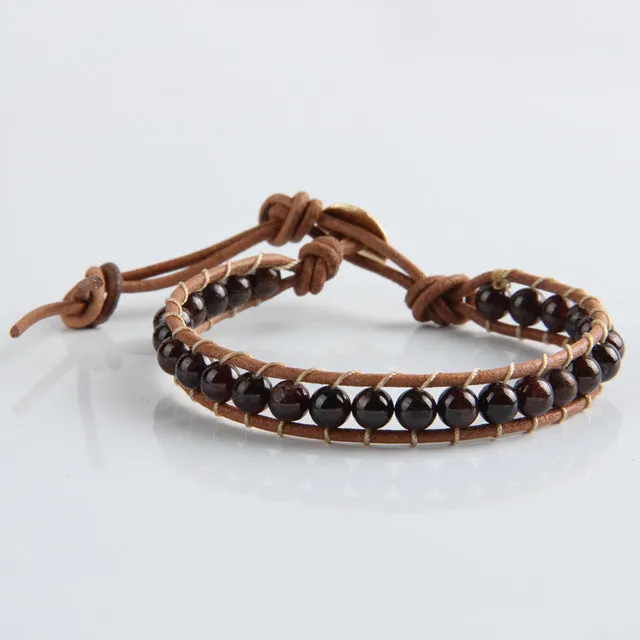 JINSE Leather Bracelet Men Women 1 Layer Natural Stone Bead Bracelets & Bangles Leather Beaded Bracelet With Real Leather Cord