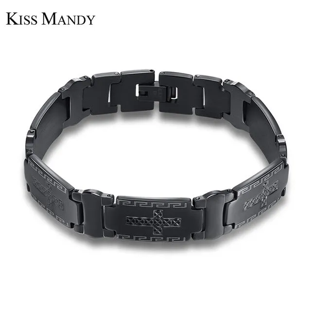 KISS MANDY Cross Pattern Stainless Steel Bracelet in Black Color Scripture Religious Wristband Bracelet Fashion Accessories FB57