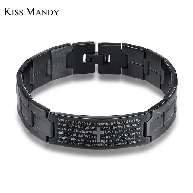 KISS MANDY Cross Pattern Stainless Steel Bracelet in Black Color Scripture Religious Wristband Bracelet Fashion Accessories FB57