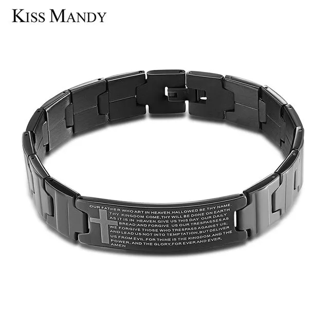 KISS MANDY Cross Pattern Stainless Steel Bracelet in Black Color Scripture Religious Wristband Bracelet Fashion Accessories FB57