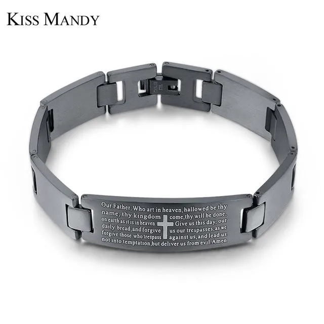 KISS MANDY Cross Pattern Stainless Steel Bracelet in Black Color Scripture Religious Wristband Bracelet Fashion Accessories FB57