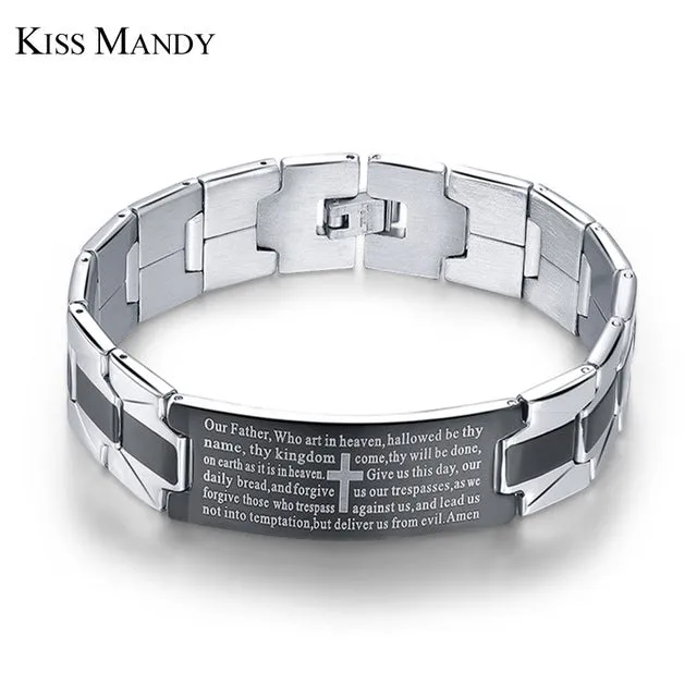 KISS MANDY Cross Pattern Stainless Steel Bracelet in Black Color Scripture Religious Wristband Bracelet Fashion Accessories FB57