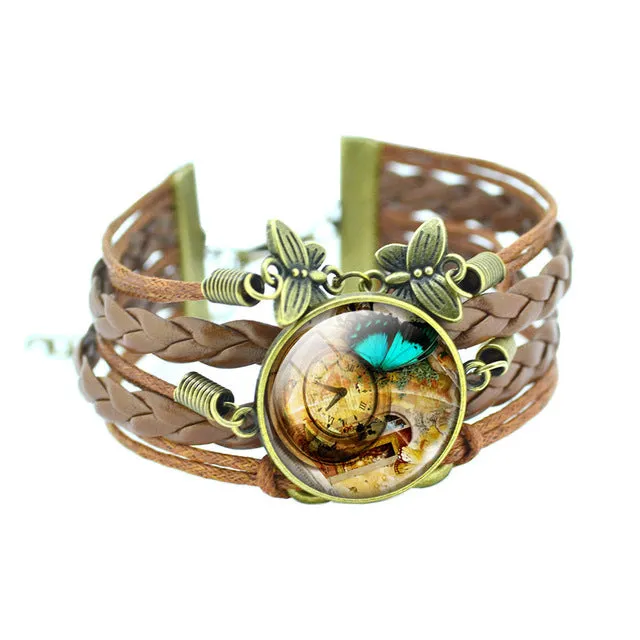 LIEBE ENGEL Classic Butterfly Bangles Bracelets Fashion Glass Cabochon Bracelet for Women Newest Bronze Leather Bracelet