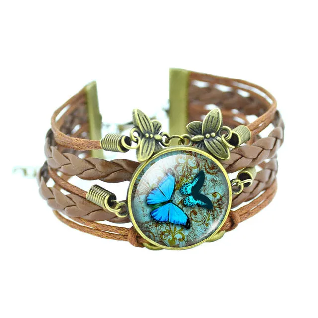 LIEBE ENGEL Classic Butterfly Bangles Bracelets Fashion Glass Cabochon Bracelet for Women Newest Bronze Leather Bracelet