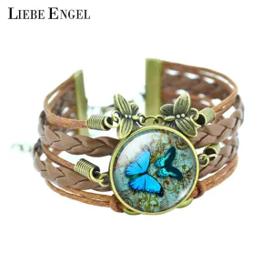 LIEBE ENGEL Classic Butterfly Bangles Bracelets Fashion Glass Cabochon Bracelet for Women Newest Bronze Leather Bracelet