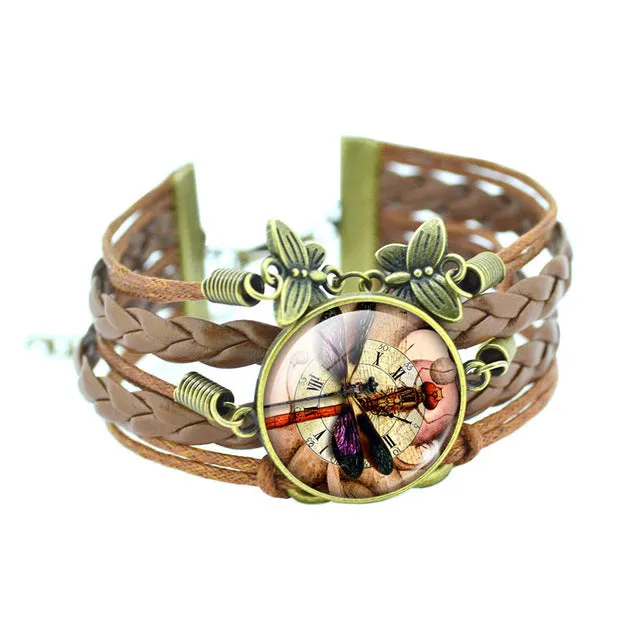 LIEBE ENGEL Classic Butterfly Bangles Bracelets Fashion Glass Cabochon Bracelet for Women Newest Bronze Leather Bracelet