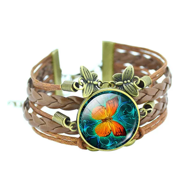 LIEBE ENGEL Classic Butterfly Bangles Bracelets Fashion Glass Cabochon Bracelet for Women Newest Bronze Leather Bracelet