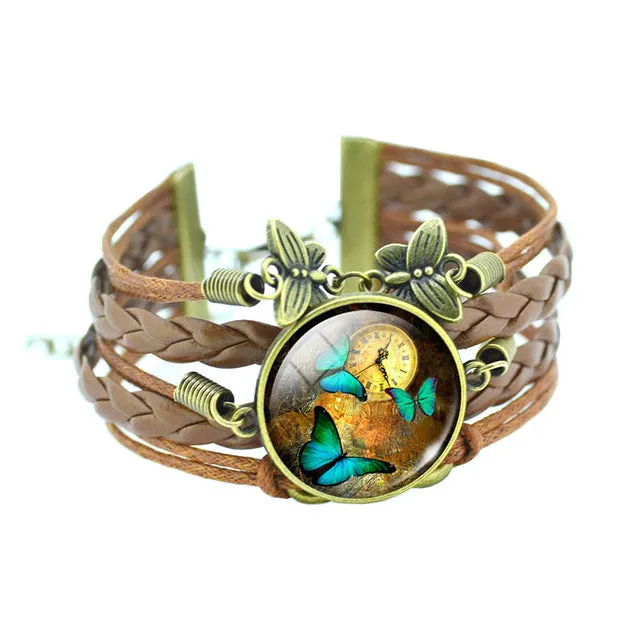 LIEBE ENGEL Classic Butterfly Bangles Bracelets Fashion Glass Cabochon Bracelet for Women Newest Bronze Leather Bracelet