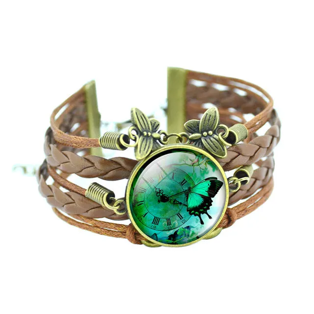 LIEBE ENGEL Classic Butterfly Bangles Bracelets Fashion Glass Cabochon Bracelet for Women Newest Bronze Leather Bracelet