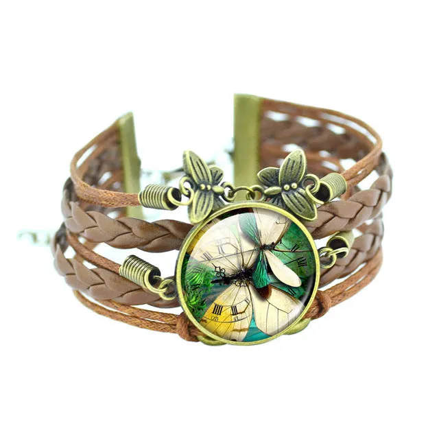 LIEBE ENGEL Classic Butterfly Bangles Bracelets Fashion Glass Cabochon Bracelet for Women Newest Bronze Leather Bracelet