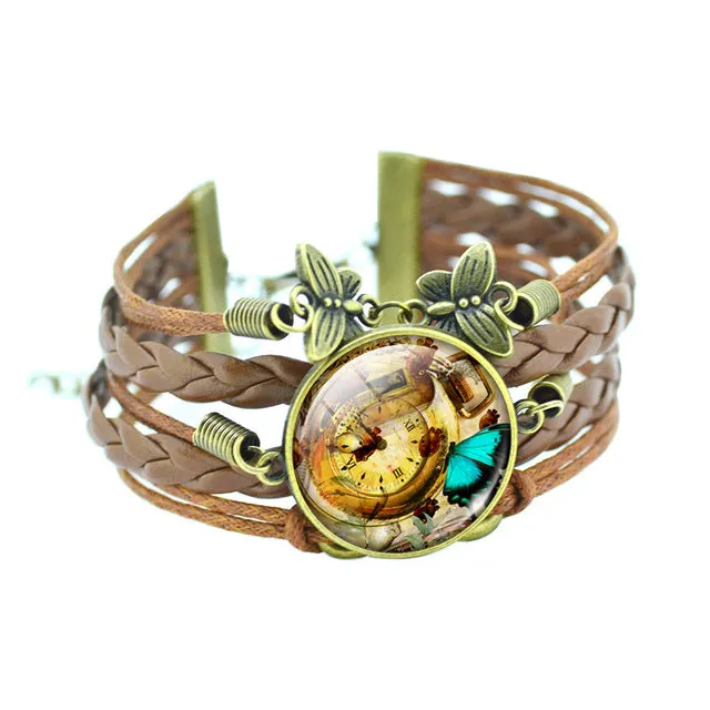 LIEBE ENGEL Classic Butterfly Bangles Bracelets Fashion Glass Cabochon Bracelet for Women Newest Bronze Leather Bracelet