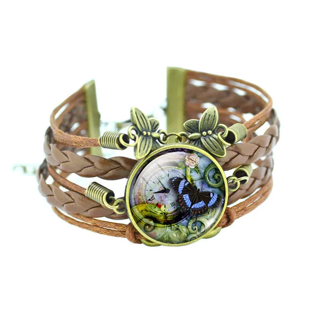 LIEBE ENGEL Classic Butterfly Bangles Bracelets Fashion Glass Cabochon Bracelet for Women Newest Bronze Leather Bracelet