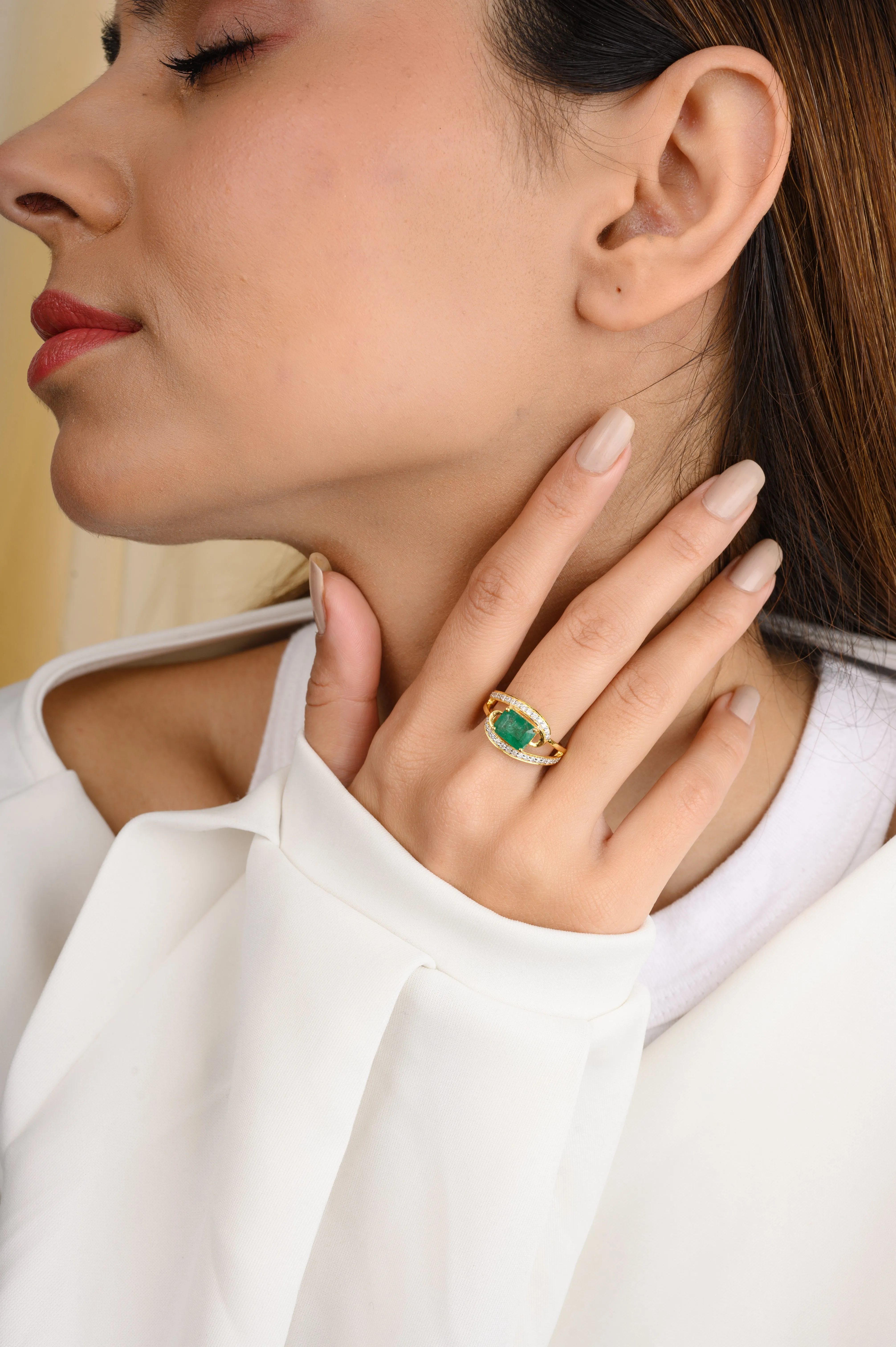 Magnificent Emerald & Diamond Bypass Ring in 18k Solid Yellow Gold