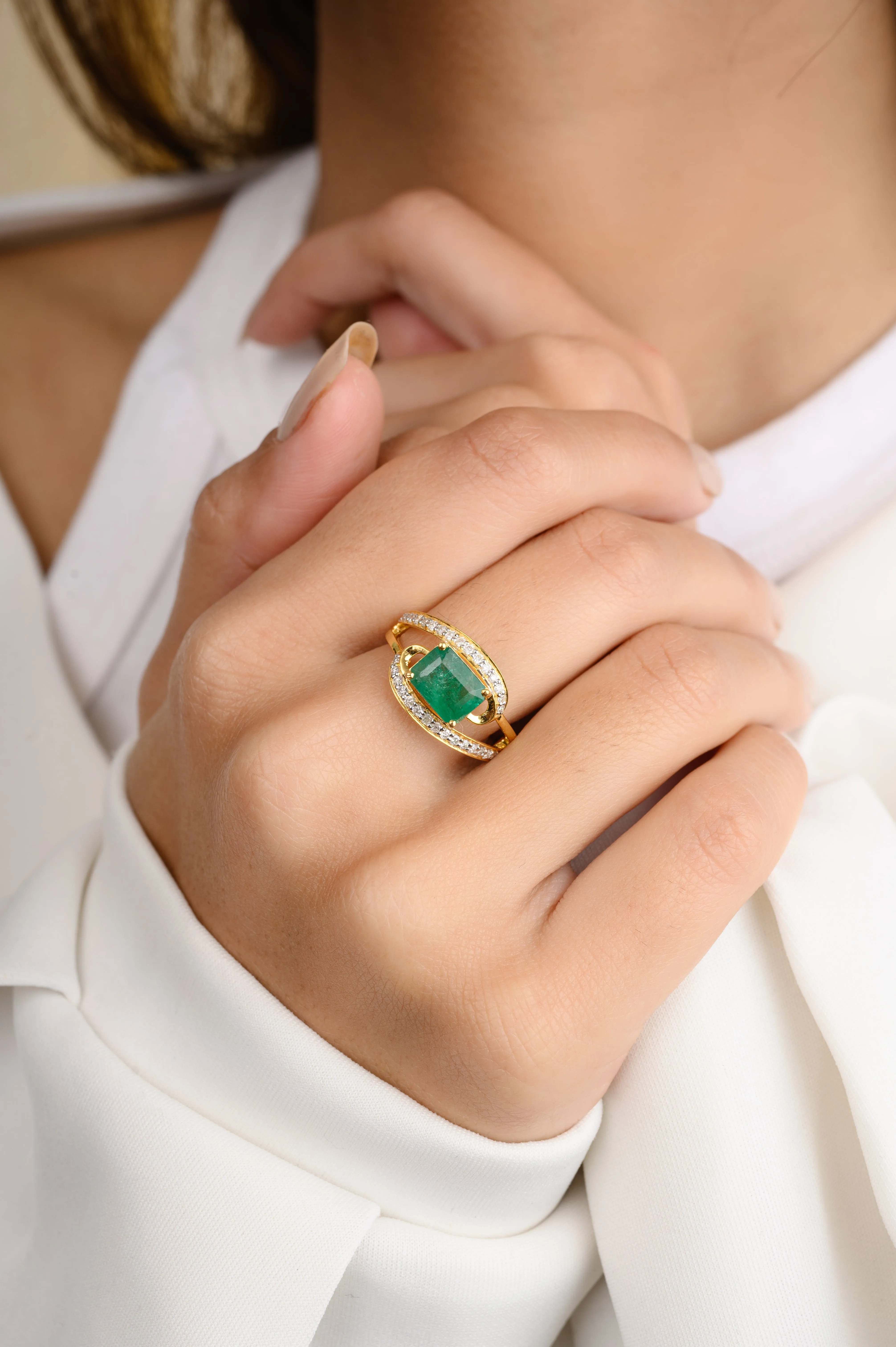 Magnificent Emerald & Diamond Bypass Ring in 18k Solid Yellow Gold