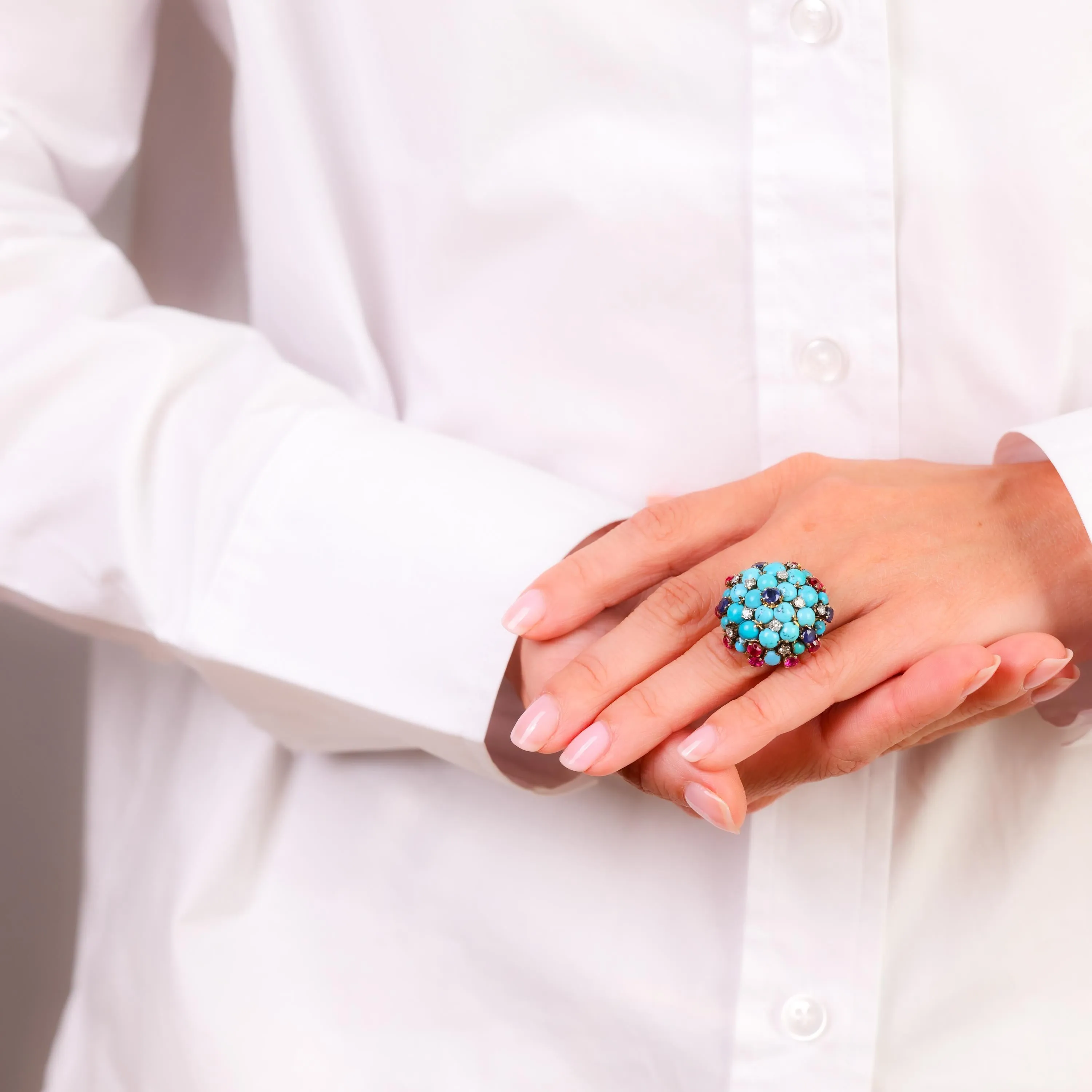 Mid Century turquoise sapphire ruby diamond 14k yellow gold cocktail ring