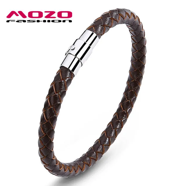 MOZO FASHION Men Bracelet Leather Rope Chain Bracelets Stainless Steel Magnetic Clasps Bracelet Man Gifts Vintage Jewelry PS0026