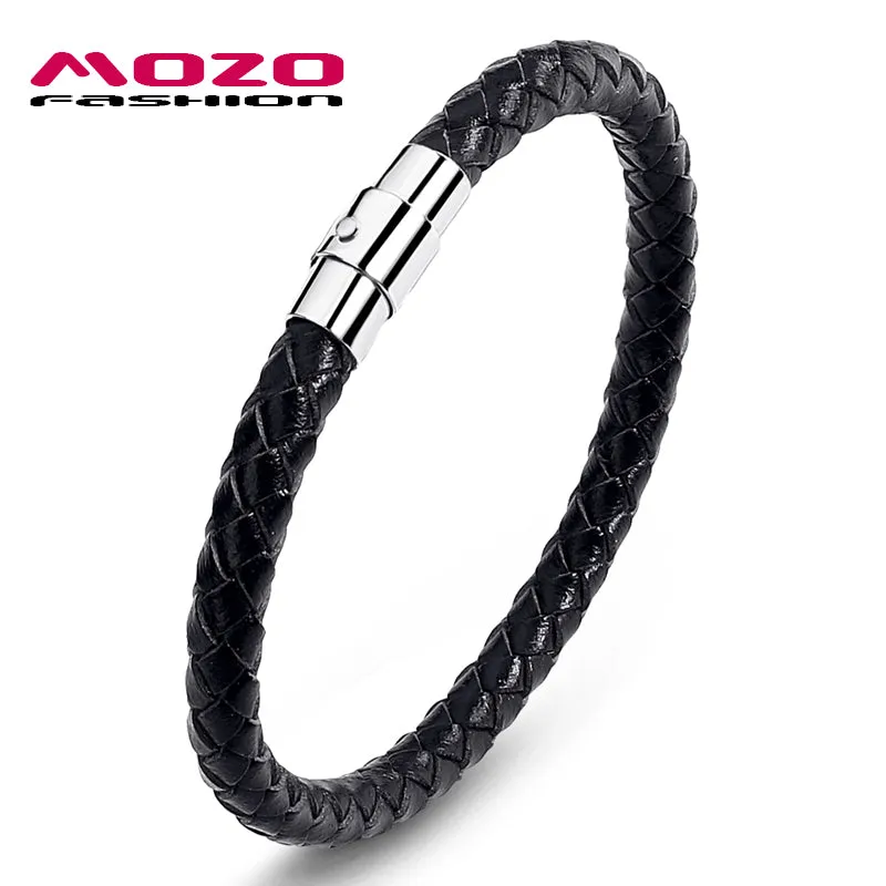 MOZO FASHION Men Bracelet Leather Rope Chain Bracelets Stainless Steel Magnetic Clasps Bracelet Man Gifts Vintage Jewelry PS0026