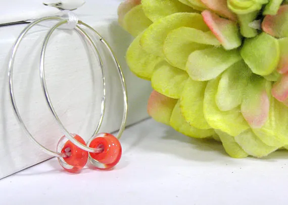 Red Beaded Sterling Silver Hoop Earrings