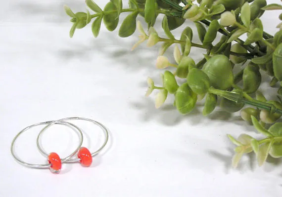 Red Beaded Sterling Silver Hoop Earrings