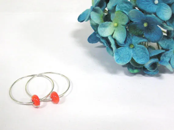 Red Beaded Sterling Silver Hoop Earrings