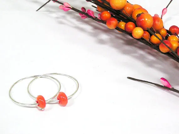 Red Beaded Sterling Silver Hoop Earrings