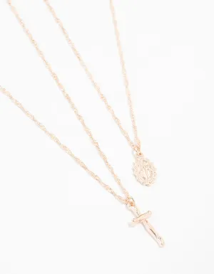 Rose Gold Plated Mary Hammered Cross Necklaces 2-Pack